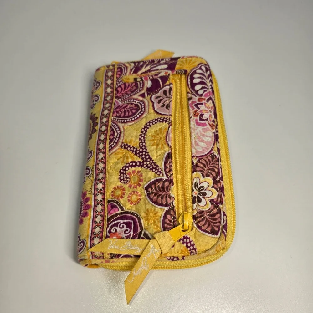 Vera Bradley Retired Yellow Purple Floral Accordion Zip Around Wallet Organizer‎